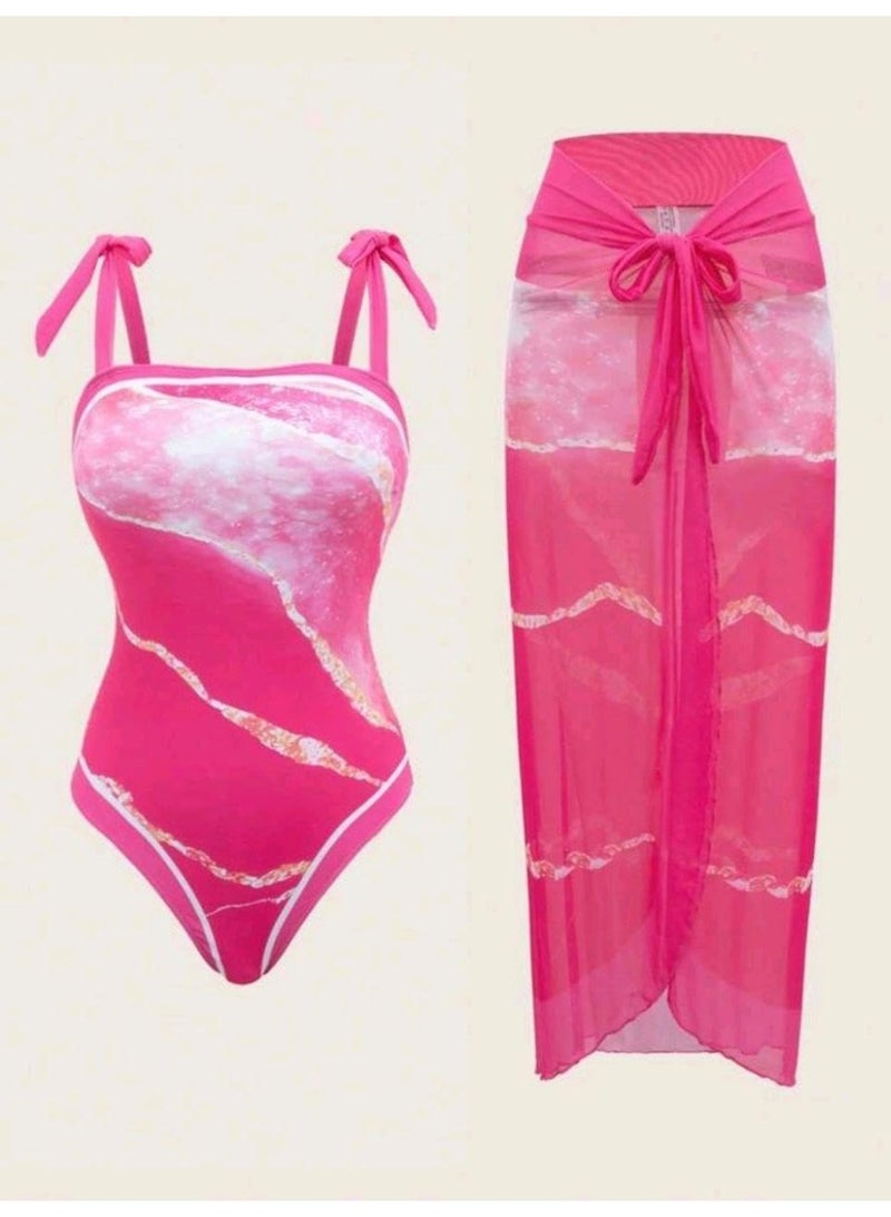 شي إن SHEIN-Swim Printed Strap Beachwear Set, Including One-Piece Swimsuit And Cover Up Skirt - Image 1